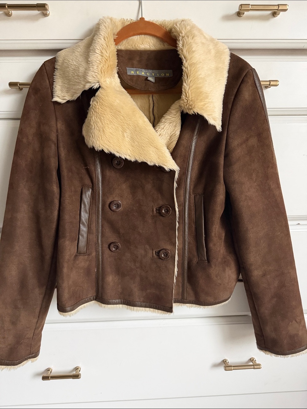 Kenneth Cole Reaction Brown Faux-Suede Teddy Jacket with Cream Shearling Collar